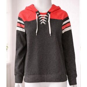 Bobbie Brooks Womens Lace Up Hoodie Charcoal Coral Love Graphic Sweatshirt L